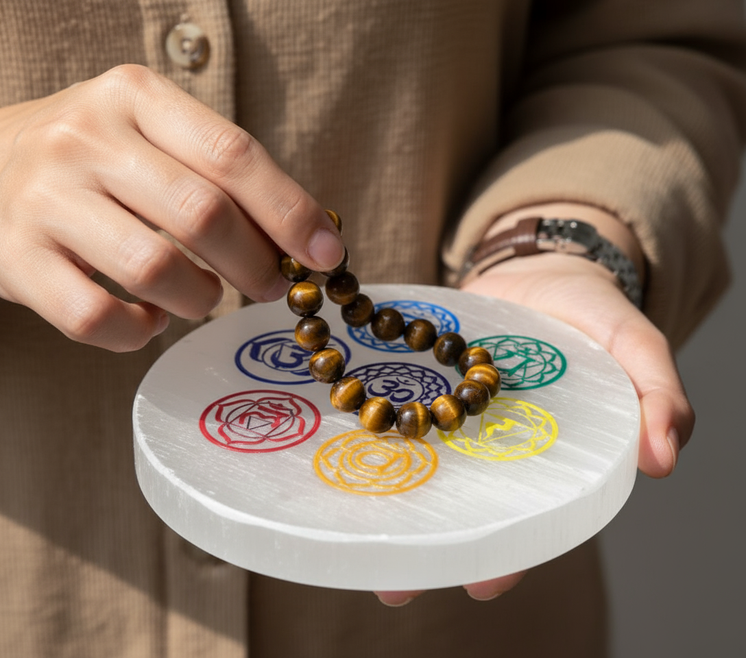 Tiger eye bracelet with Selenite plate(Stone Charger)